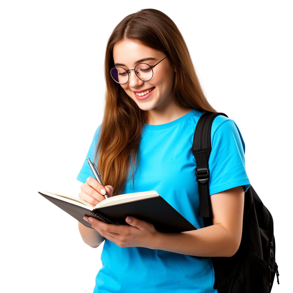 Smiling student writing in notebook